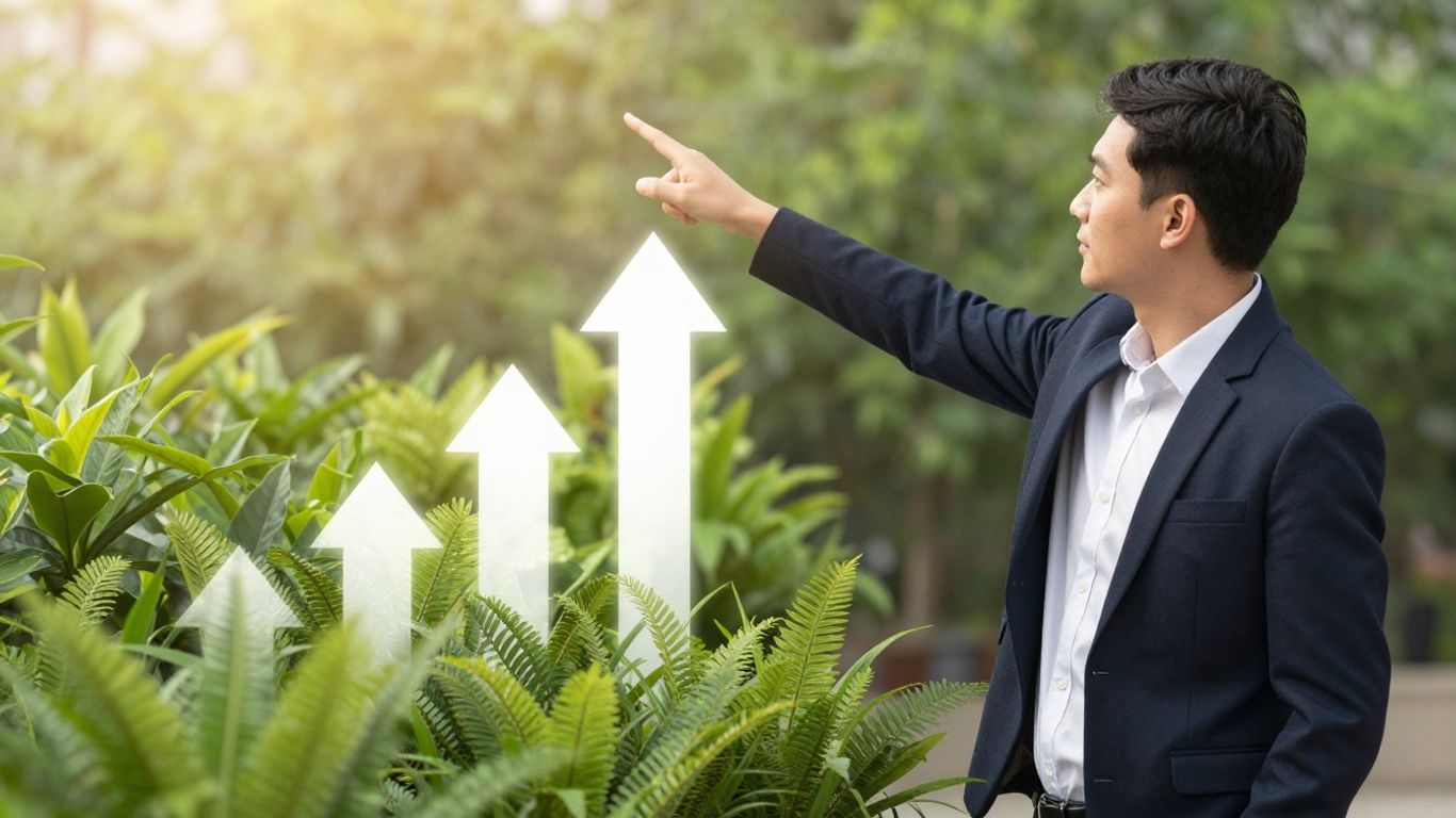 Small business owner pointing towards growth path.