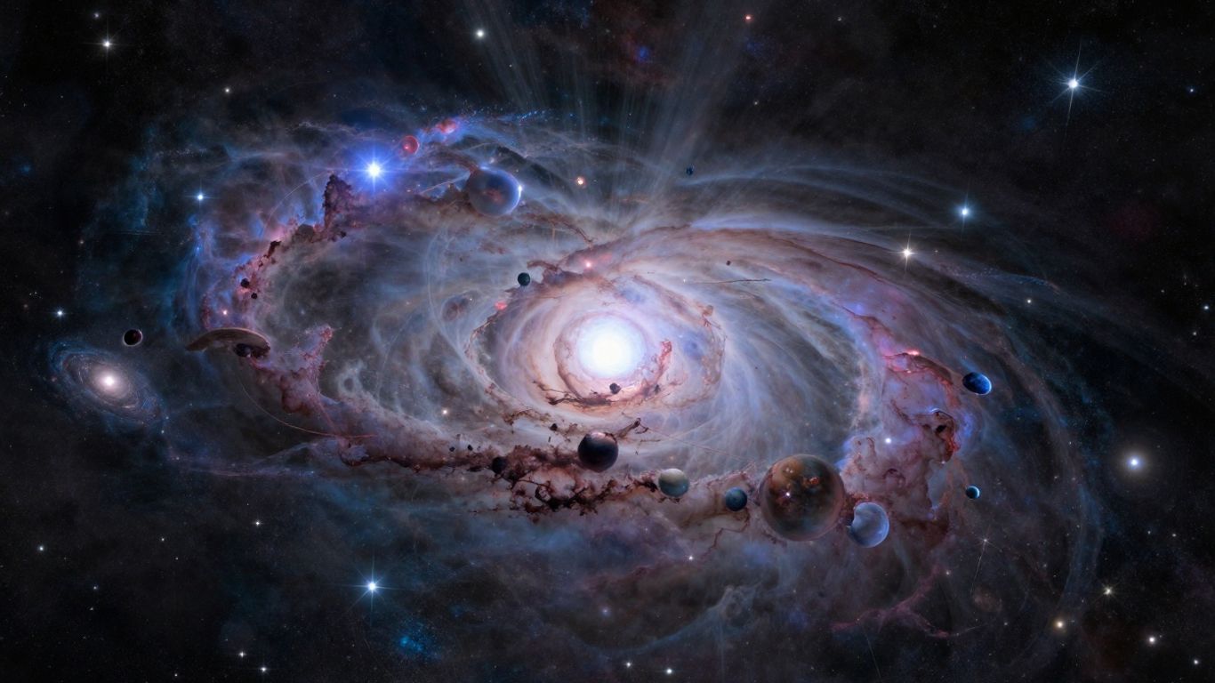 Celestial cluster of planets and stars in a nebula.