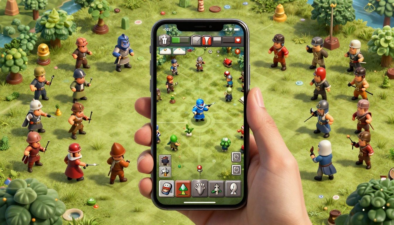 Mesa estratégica com desenhos táticos de tropas de Clash of Clans e um smartphone ao centro exibindo o menu de guerra