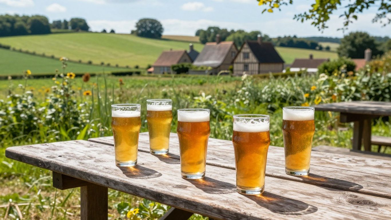 Normandy craft beer glasses on a table with countryside.