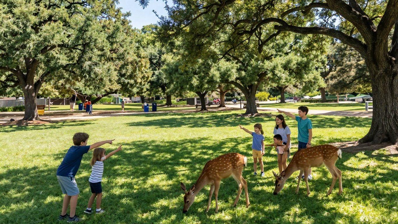 Family watches deer in a sunny Austin park.