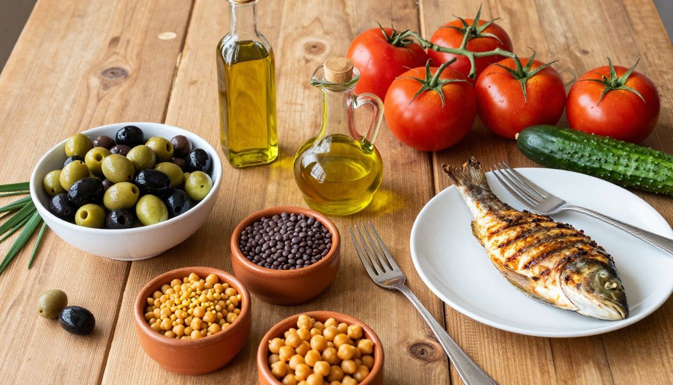 A vibrant, top-down view of a rustic wooden dining table filled with Mediterranean diet foods, including a bowl of green and black olives, a small pitcher of extra virgin olive oil, fresh tomatoes, cucumbers, a plate of grilled fish, and small bowls of lentils and chickpeas
