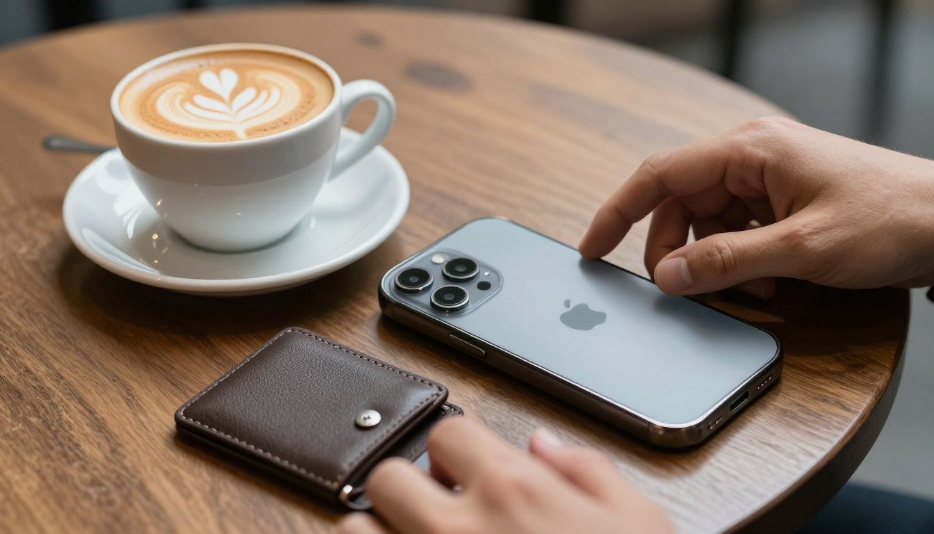 A person sitting at a cafe in Melbourne, paying for their coffee by tapping their iPhone 16 Pro Max which is in a sleek wallet case.