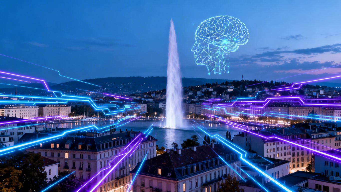 Geneva skyline with AI network visuals.