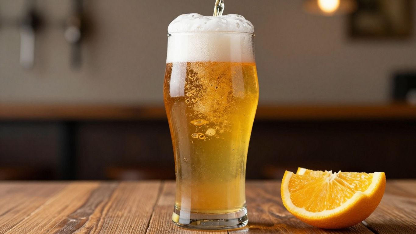 Frothy wheat beer in a glass with citrus garnish.