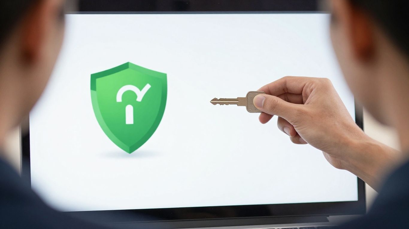 Chiave nella serratura e persona che controlla su laptop