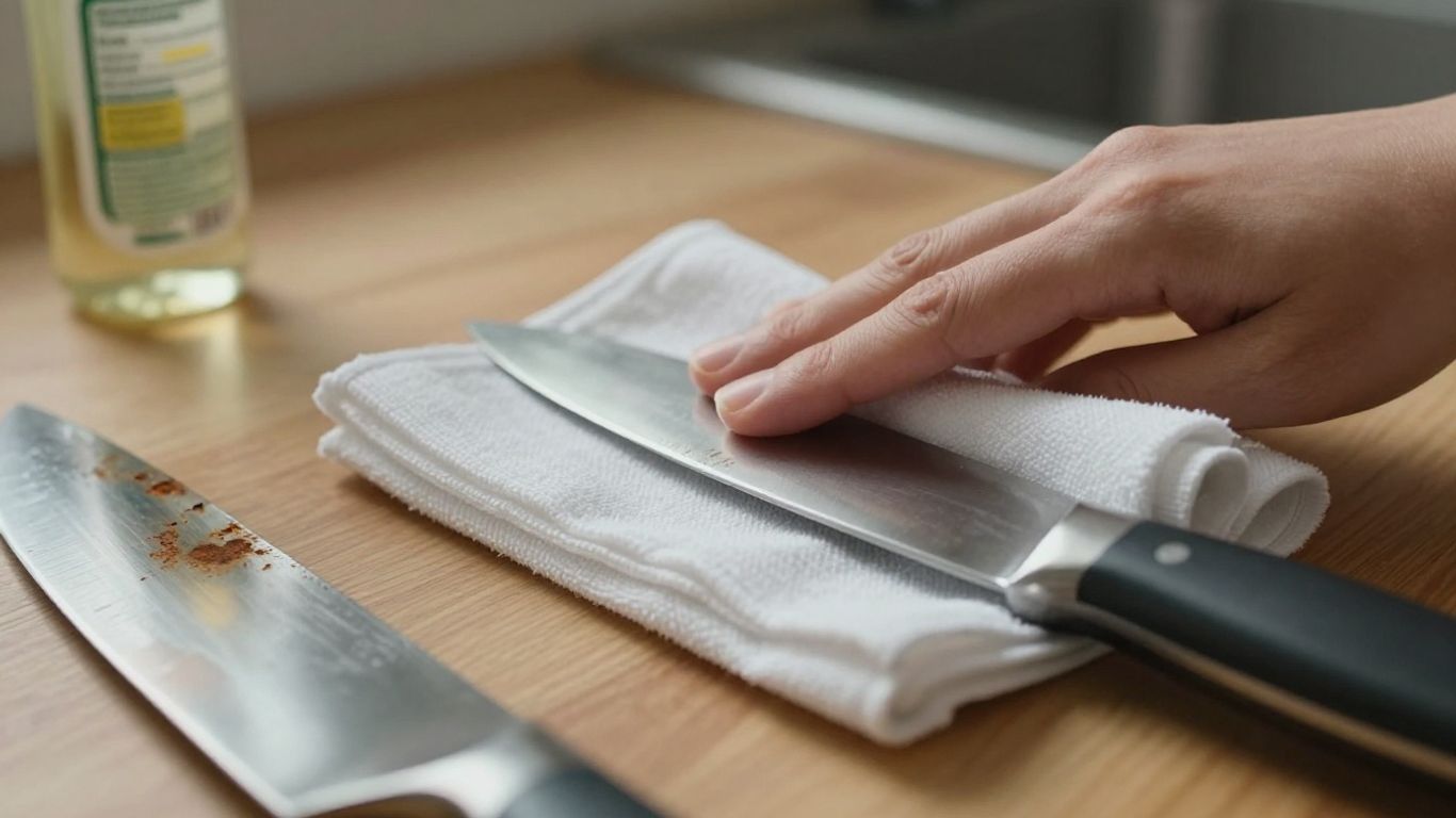 Wiping kitchen knife blade to prevent rust