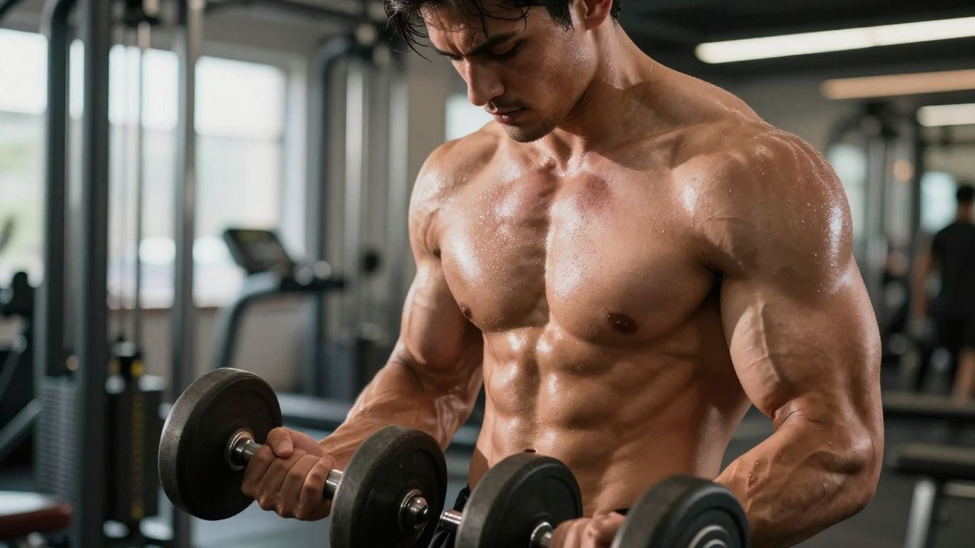 Muscular man flexing in a gym with dumbbells.