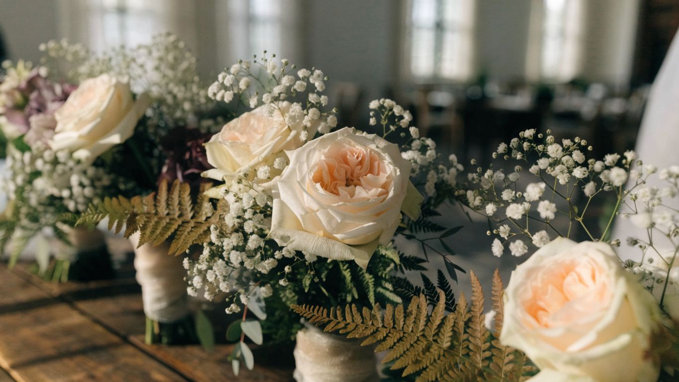 Seasonal wedding flowers arranged in a soft palette