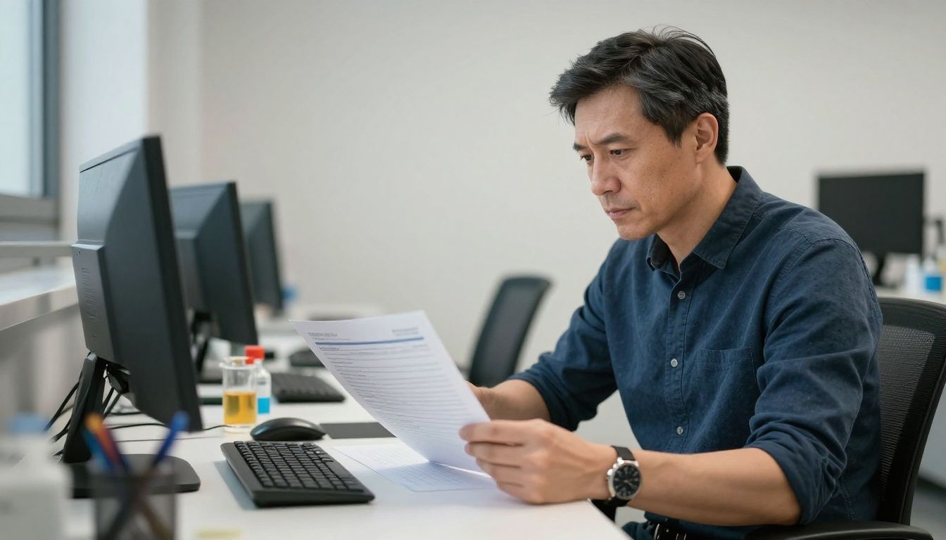 A thoughtful man in his 40s sitting at a clean, modern desk, reviewing a document that looks like a lab report, with a look of focused understanding.