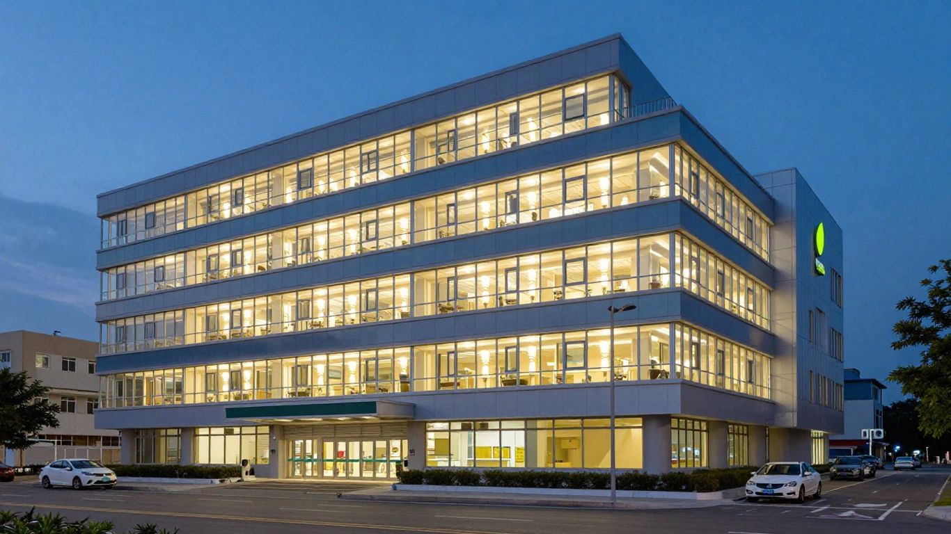 Hospital building with energy-efficient lighting and green leaf motif.