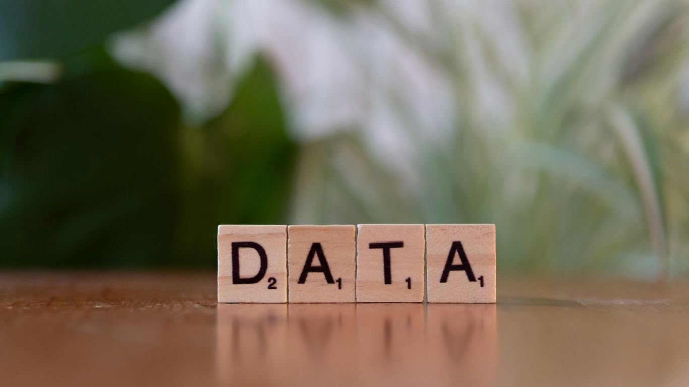 A wooden block spelling data on a table