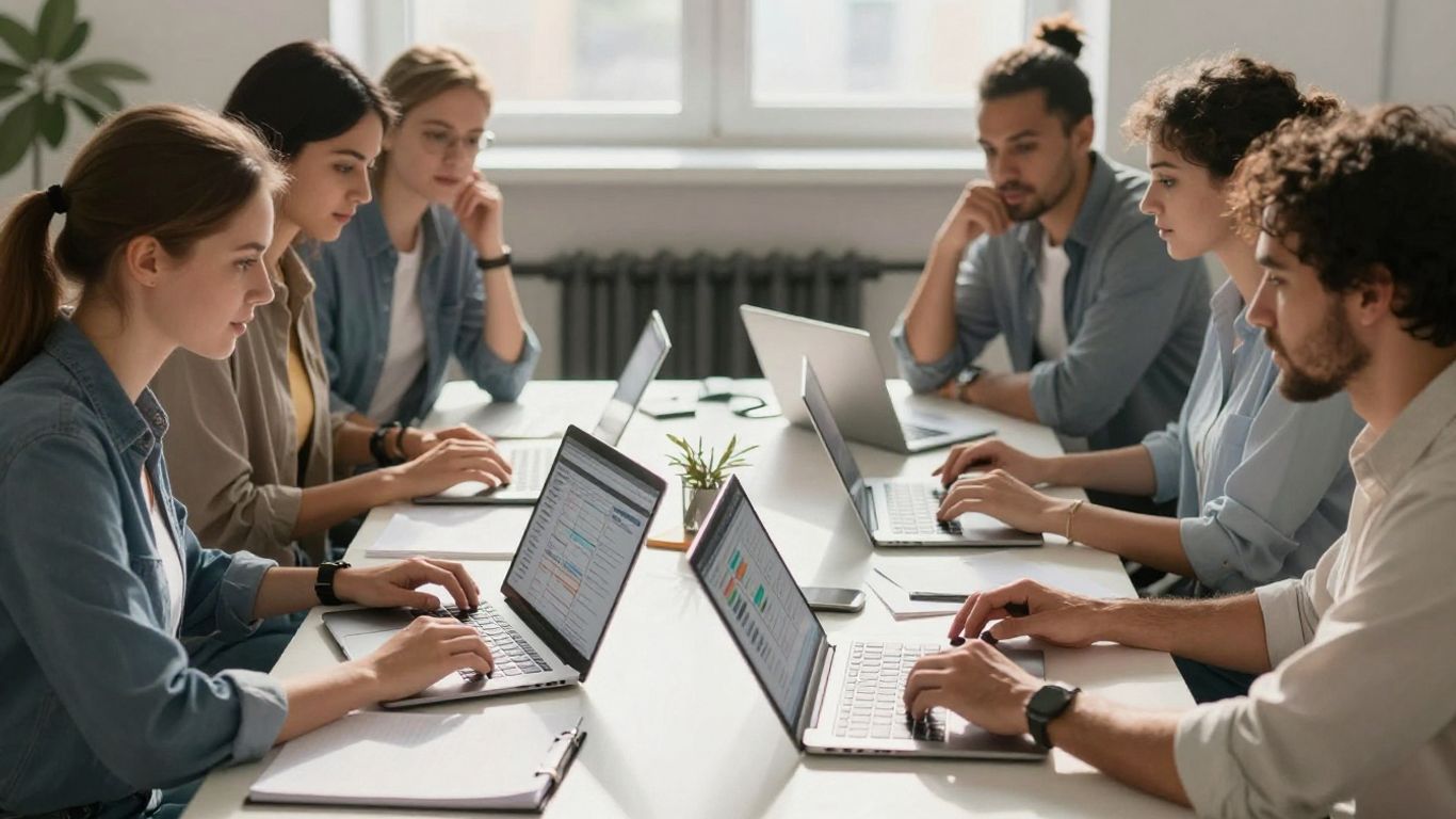 Equipo colaborando en herramientas de gestión de proyectos.