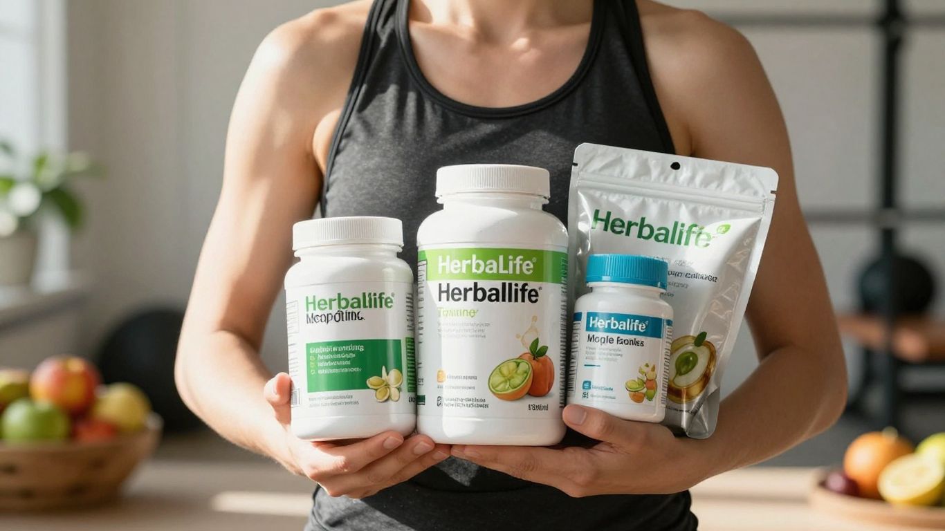 Person holding Herbalife products with healthy lifestyle elements.