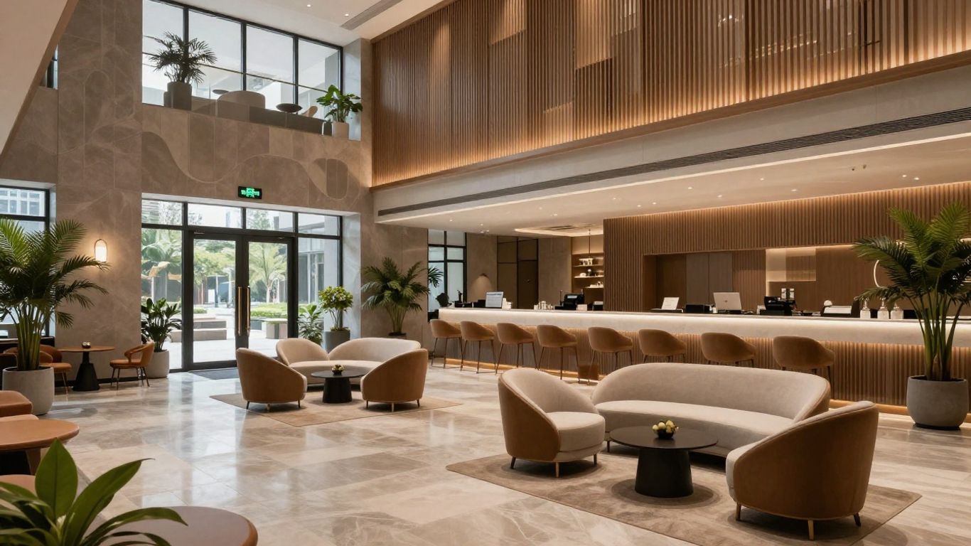 Lobby d'hôtel moderne avec design unique et mobilier élégant.
