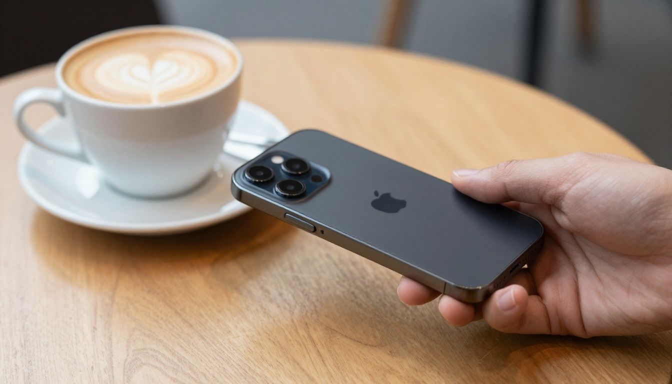 Someone paying for a coffee at a Melbourne cafe using a card from their iPhone 16 wallet case.