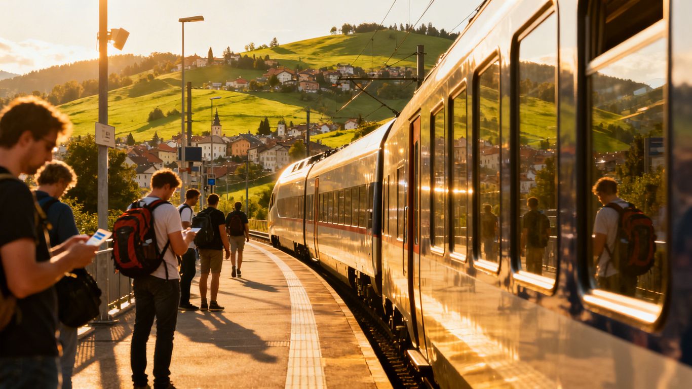 European train station with passengers and arriving train.