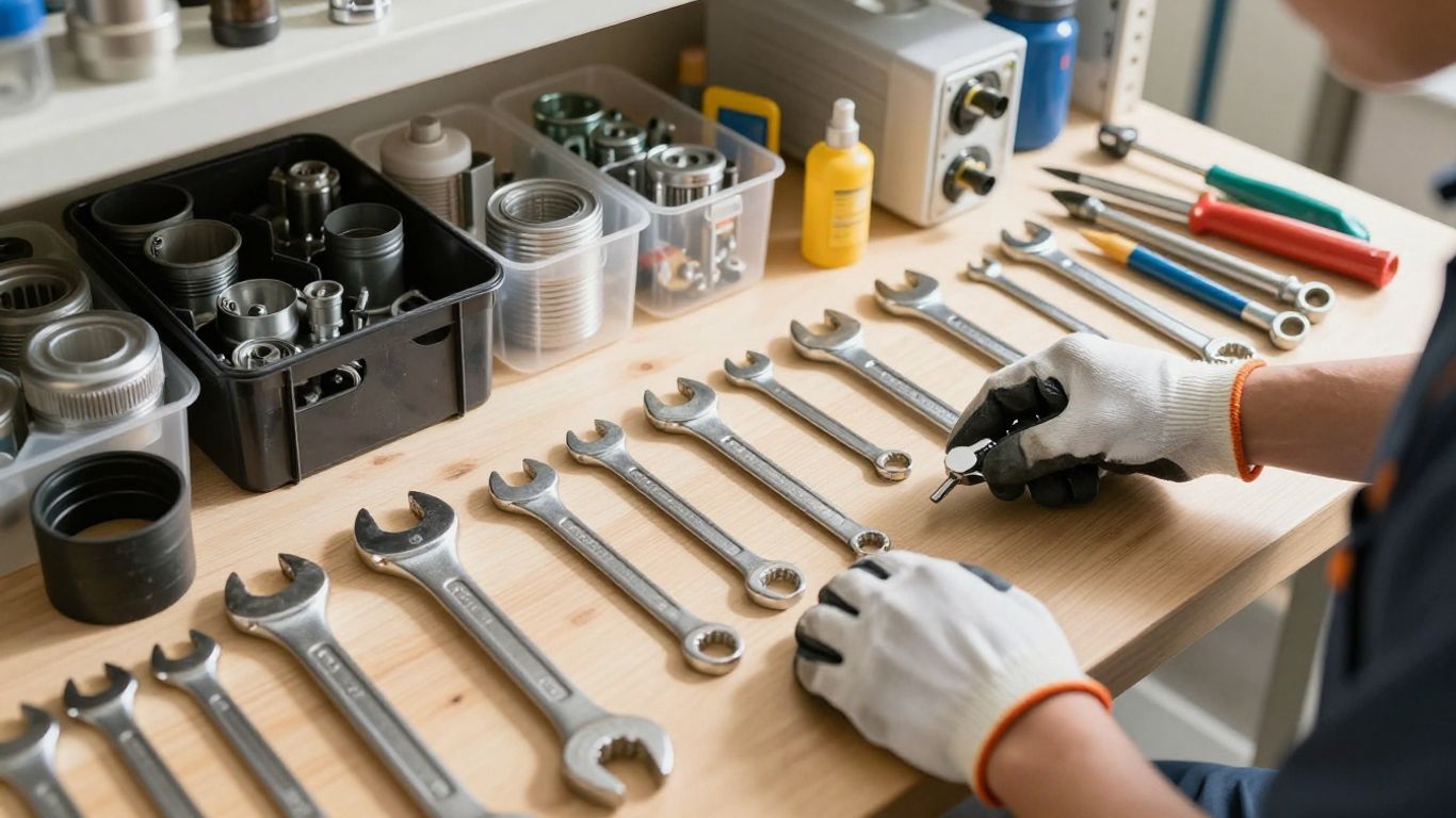 HVAC parts, tools, and truck stock organized on shelves.