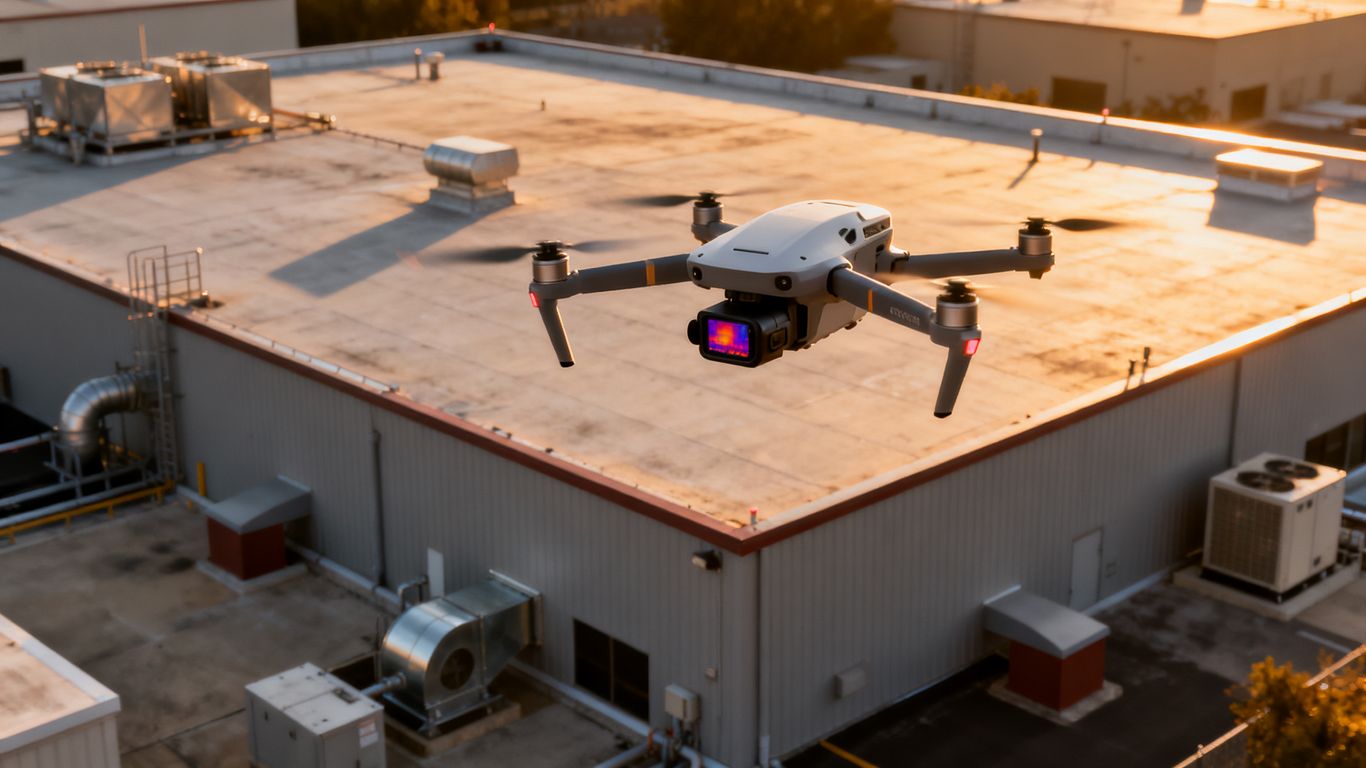 Drone surveying commercial roof with thermal camera