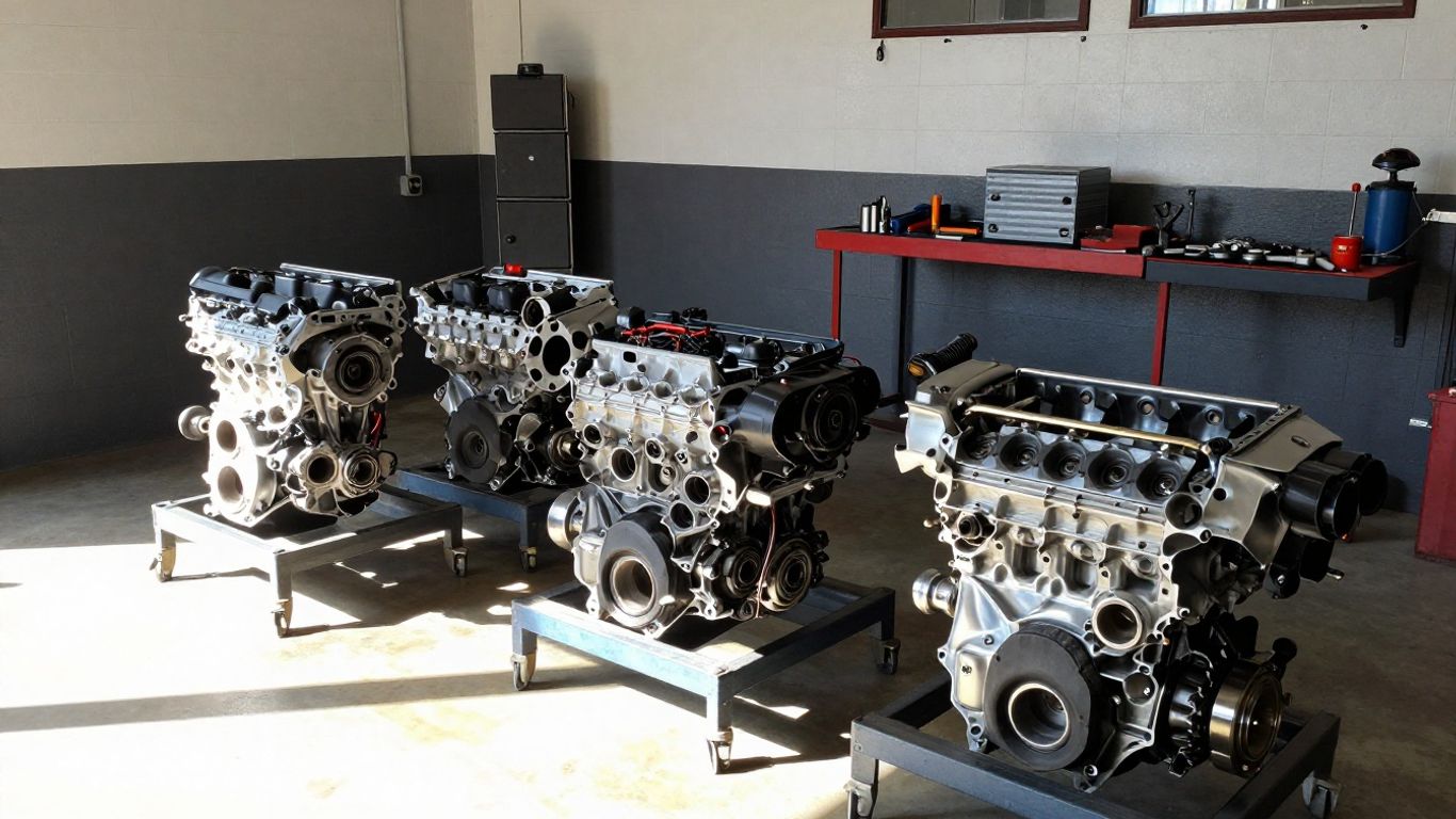 Used car engines displayed in a workshop.