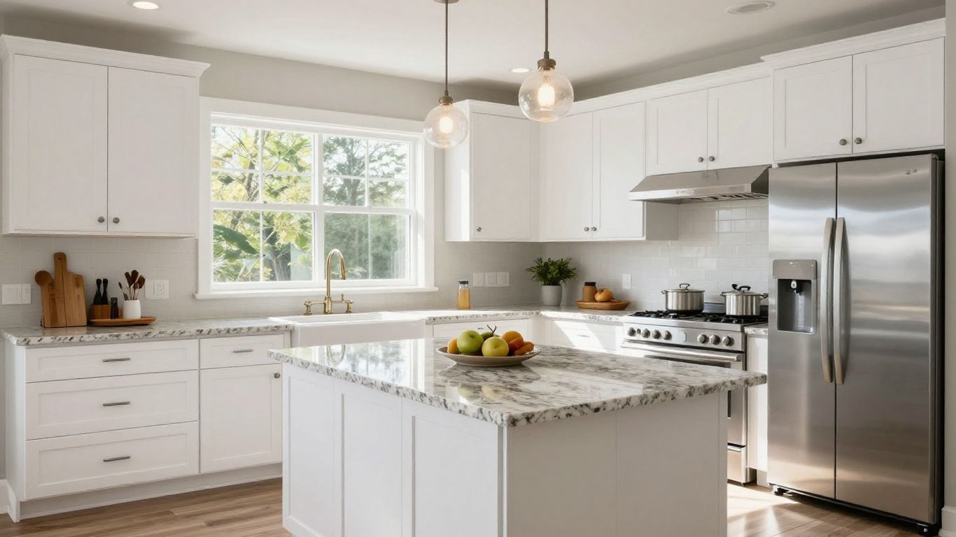 Modern Dacula kitchen remodel with white cabinets and granite.