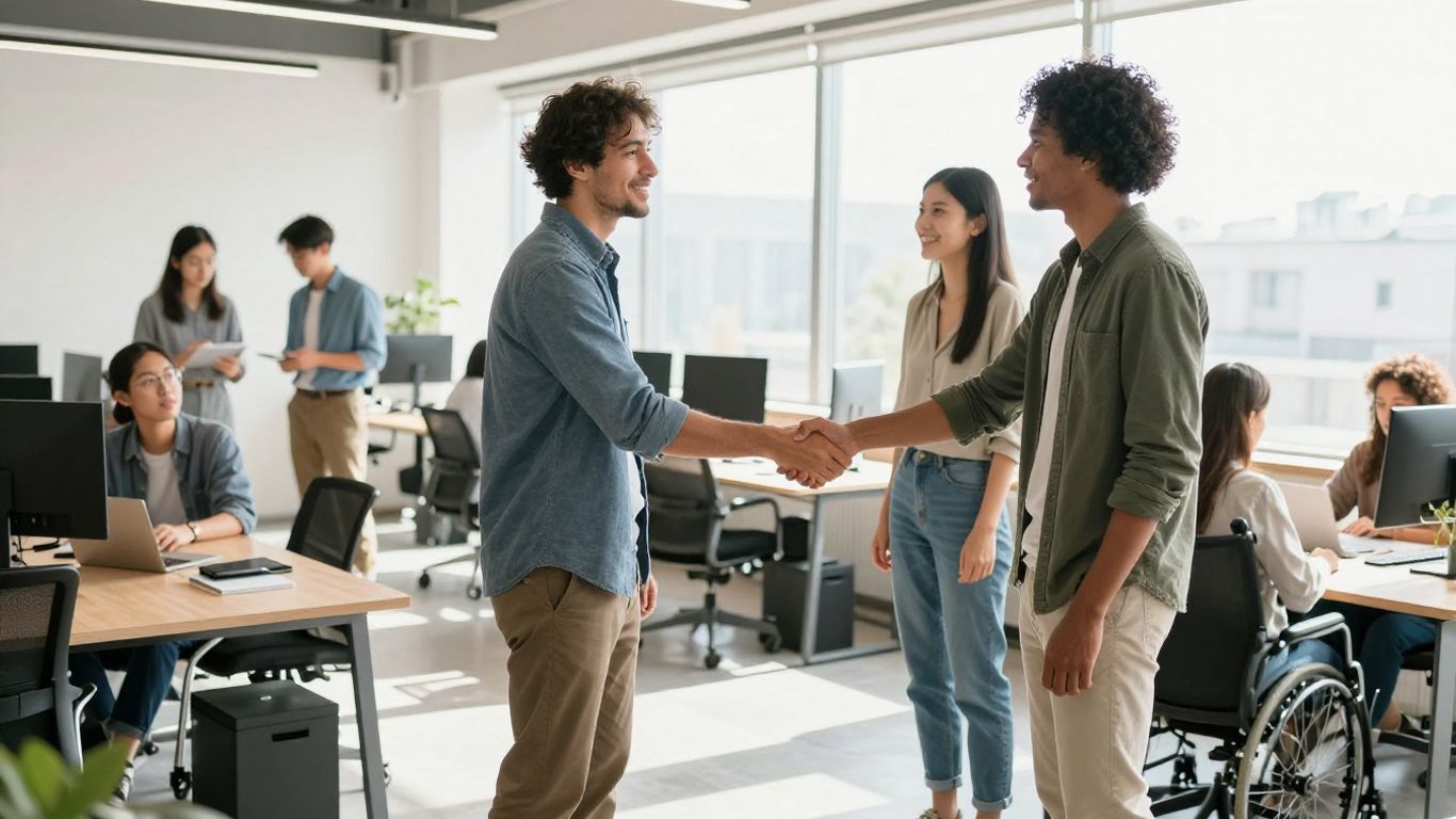 Diverse professionals collaborating in a bright, modern office.