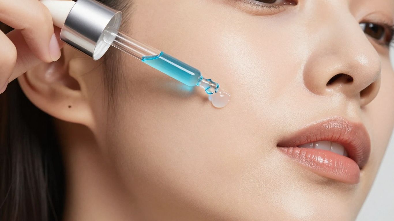 GHK Cu serum bottle near smooth, youthful skin.