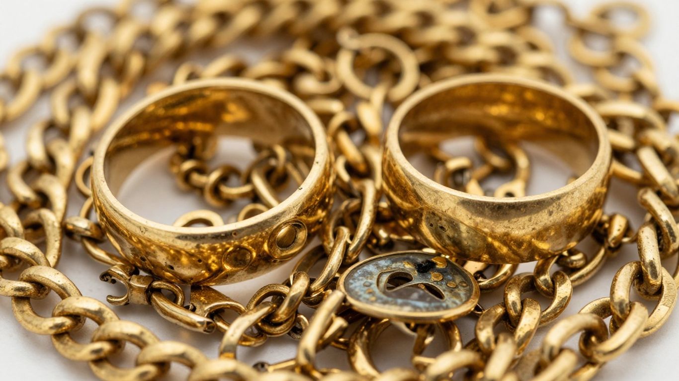 مجوهرات ذهبية تالفة، مكسورة ومتأكسدة.