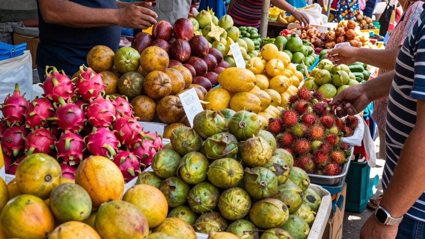 Colorful exotic fruits at a bustling local market.