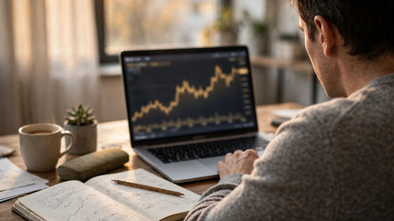 Gold chart on a desk beside a trader’s notebook