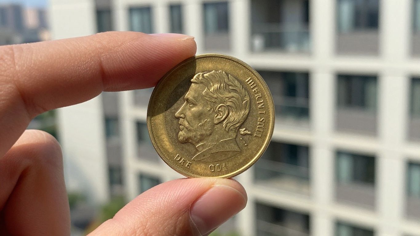 Main d'or tenant une pièce d'or devant un immeuble