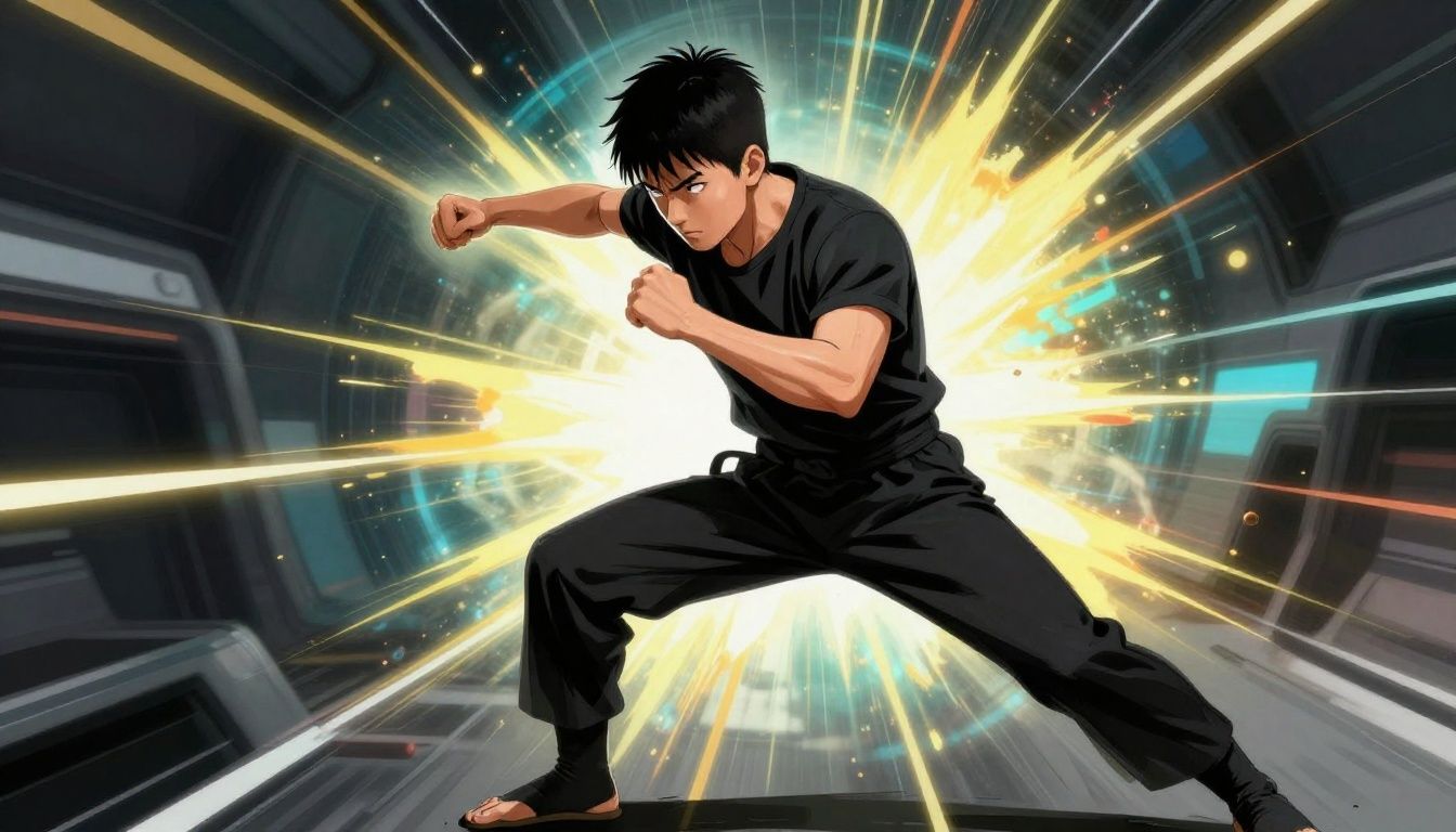 Um lutador japonês futurista em pose de combate com efeitos visuais intensos de energia