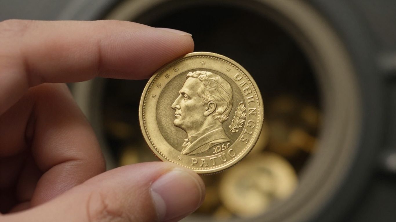 Main d'une personne tenant une pièce d'or brillante.
