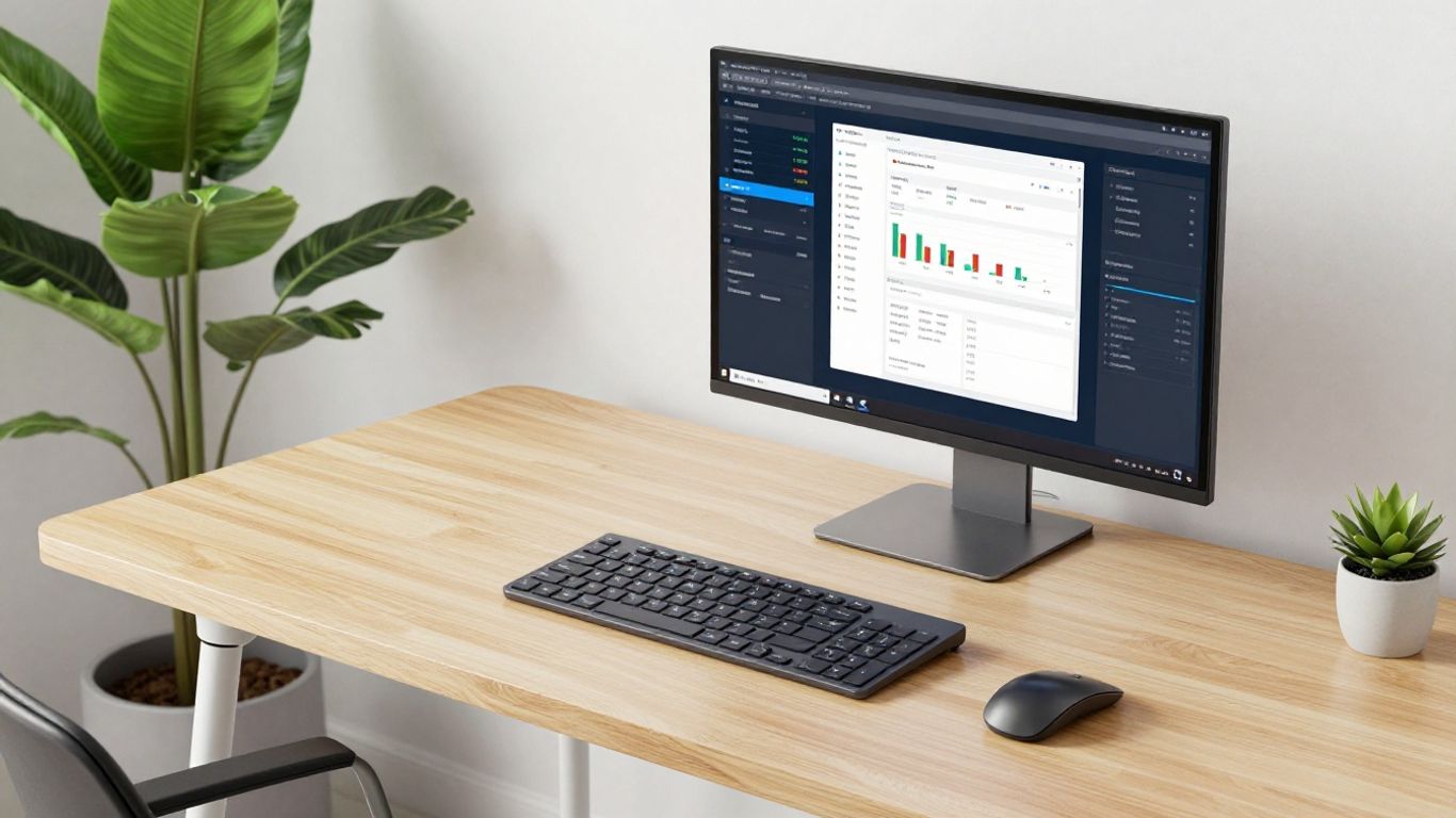 A clean desk with computer and documents