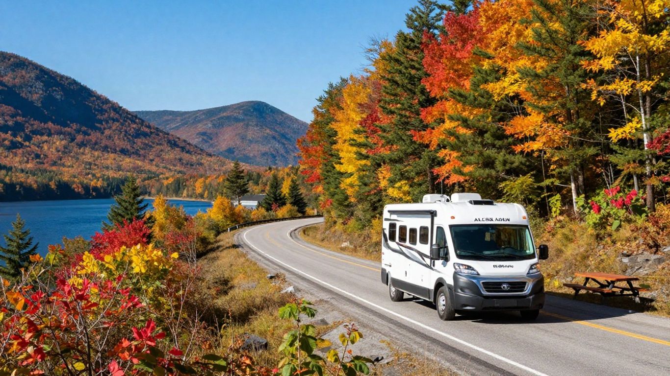 RV on scenic Eastern Canada road with autumn colors