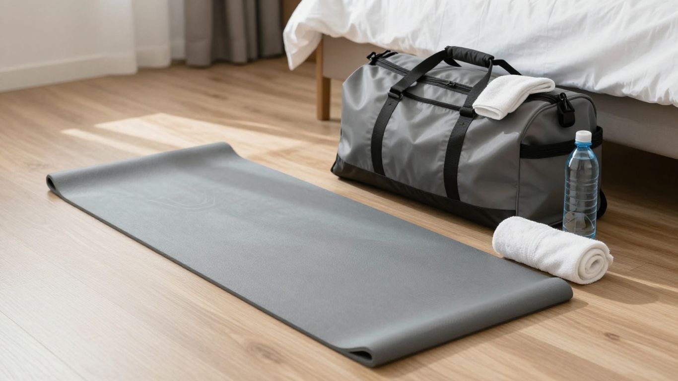 Foldable yoga mat beside a travel bag