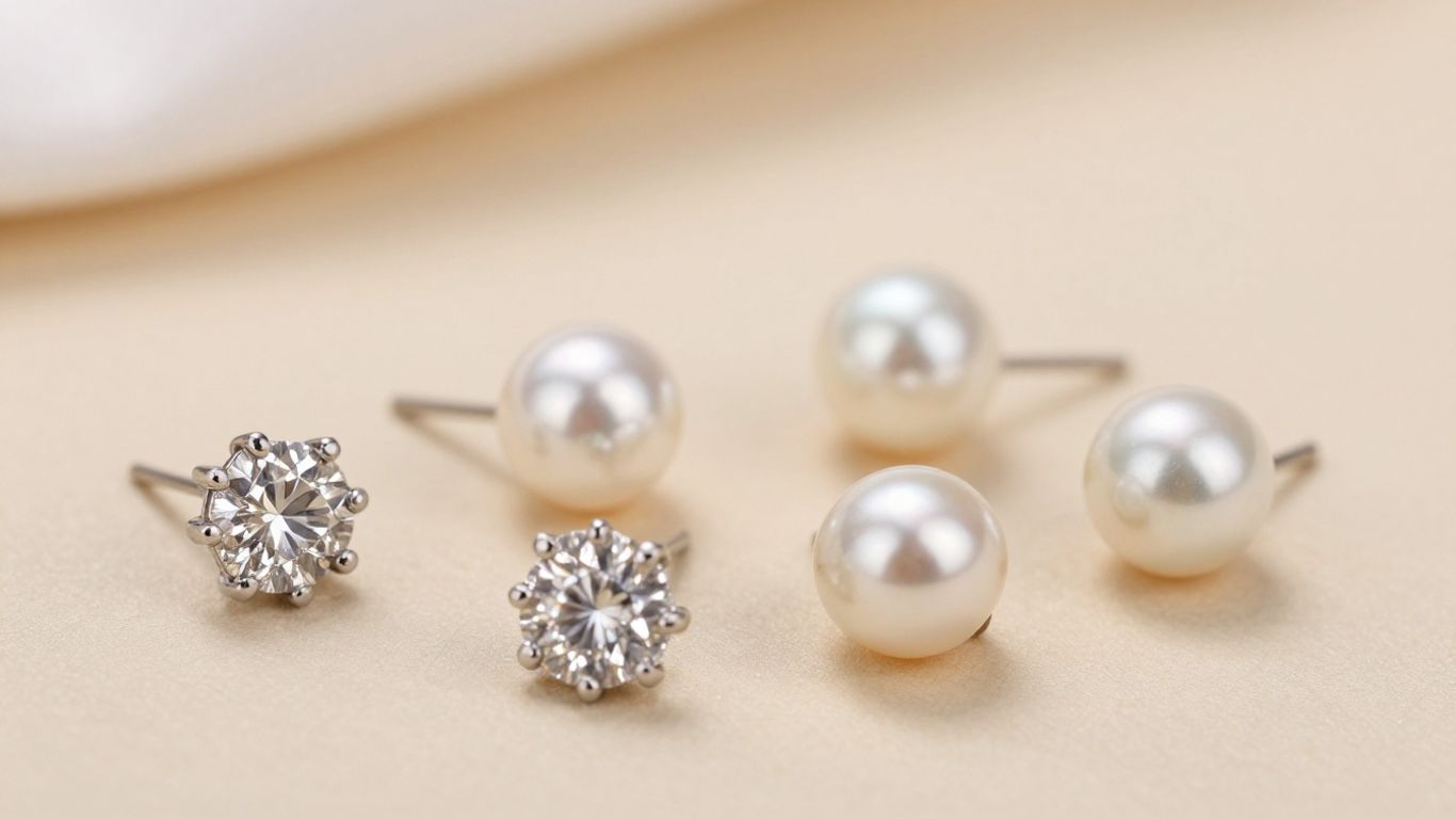 Collection of sparkling diamond and pearl stud earrings.