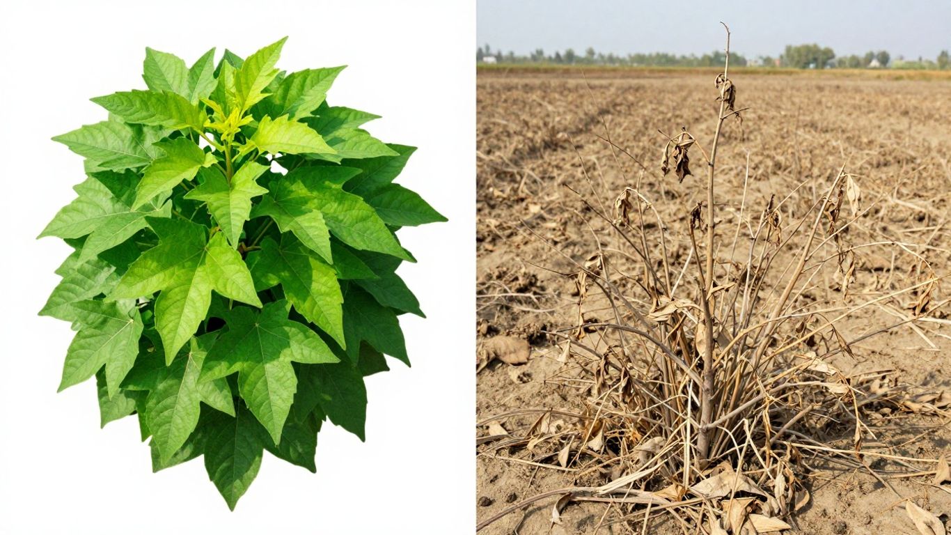 Split image: growing plant vs. barren plant, illustrating strategy choice.