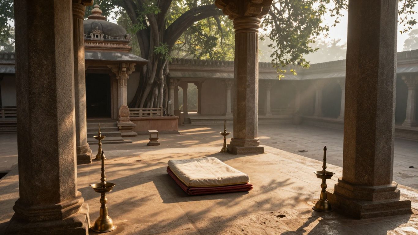 Stone temple courtyard with yoga manuscripts