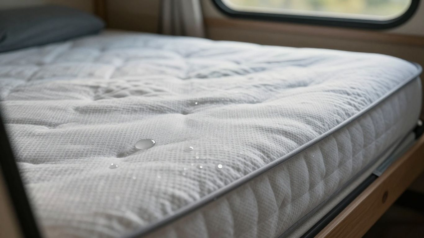 Waterproof caravan mattress with water beading on surface.