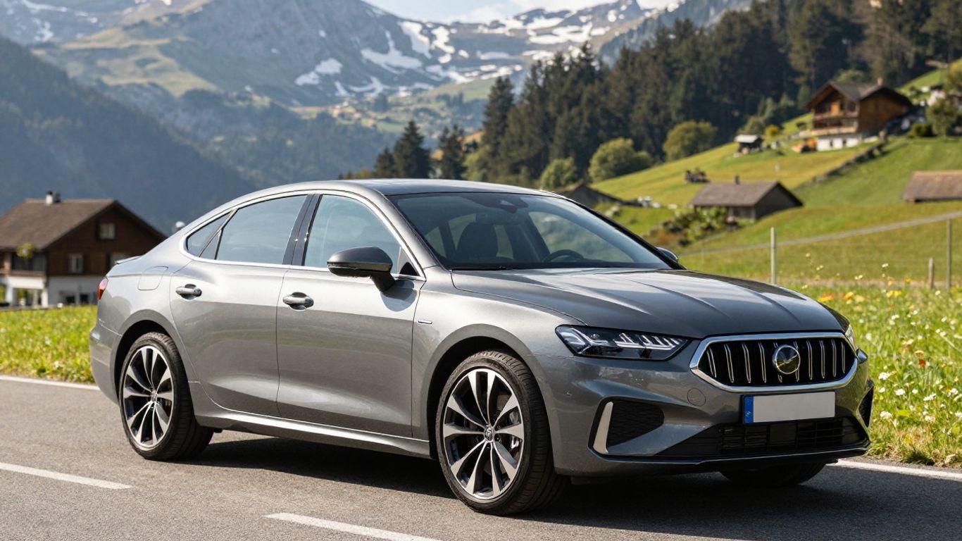 Deutscher Wagen in Schweizer Alpenlandschaft