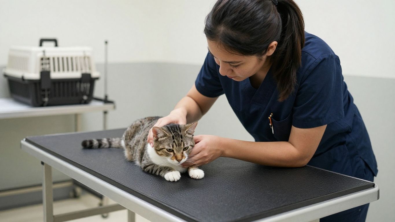 Veterinarian examining a relaxed cat during a checkup