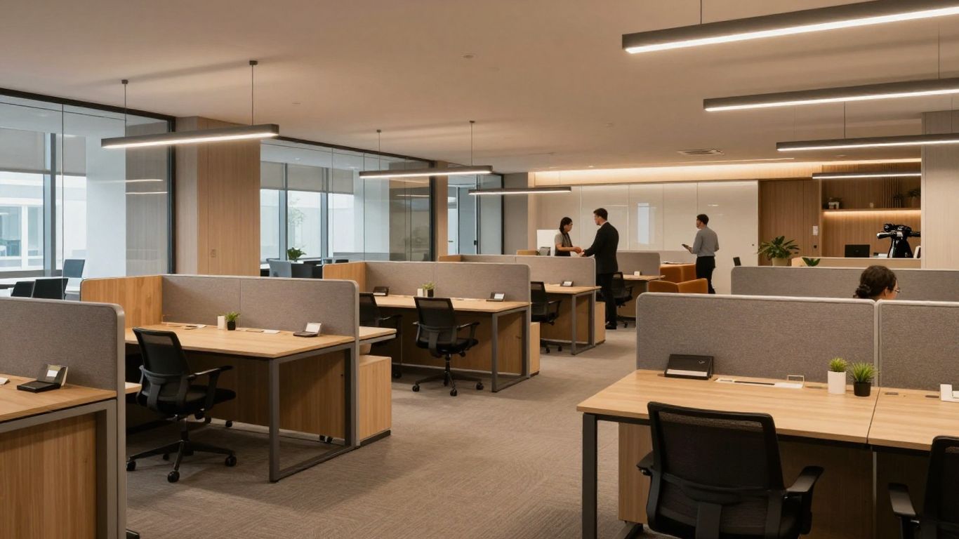 Flexible office interior with modular furniture and meeting zones