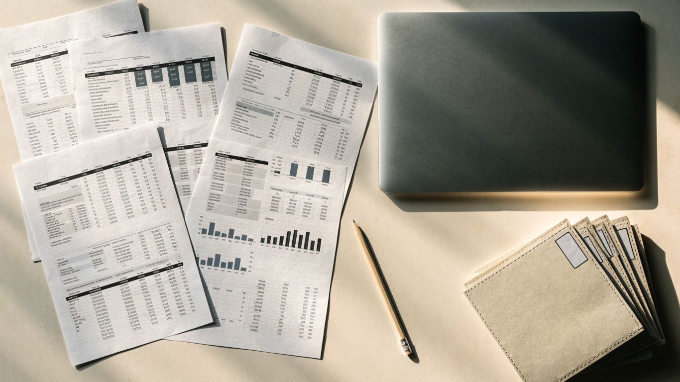 A desk with varied bank statement printouts