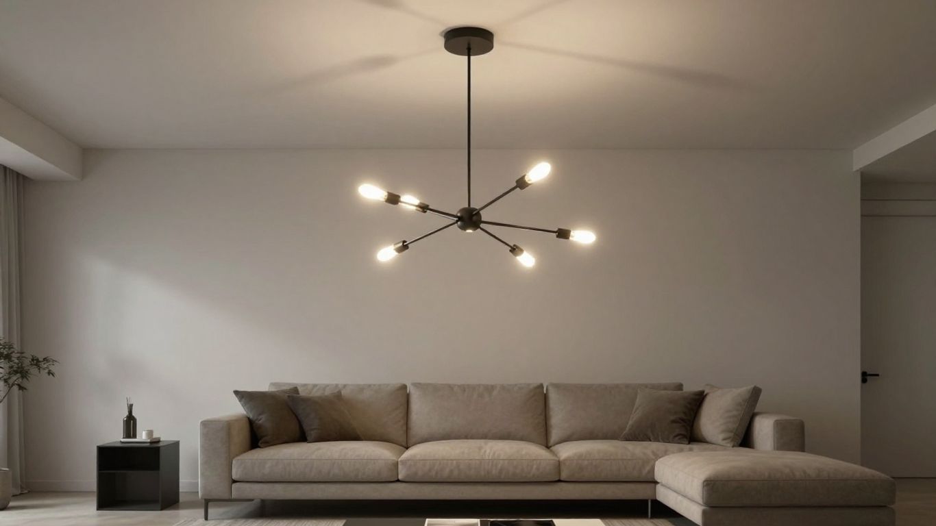 Contemporary chandelier light illuminating a modern living room.