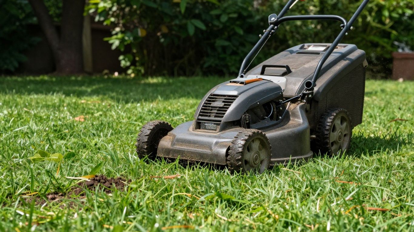 Lawn mower mulching grass clippings onto a green lawn.