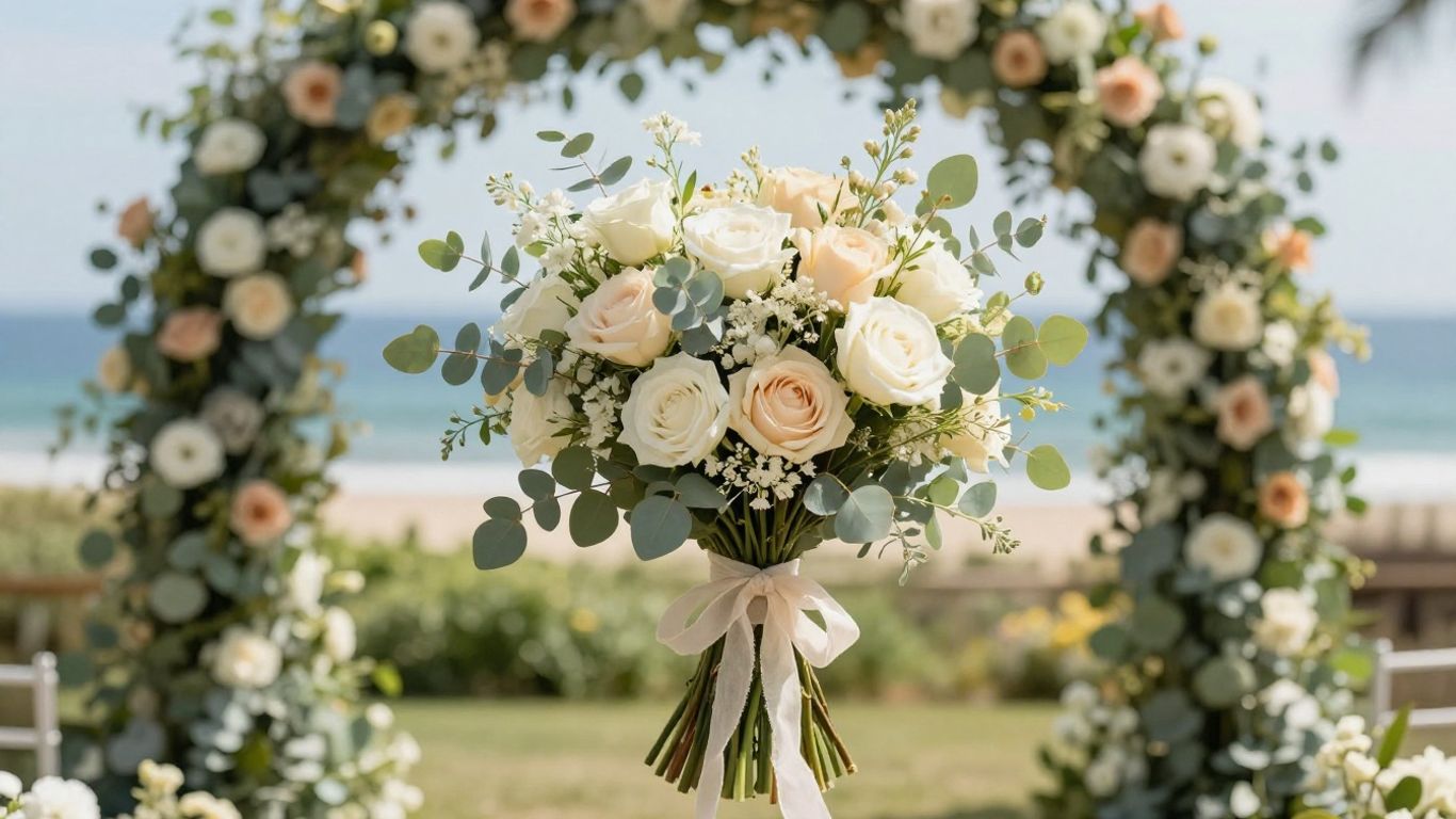 Loose seasonal wedding flowers in soft coastal colours