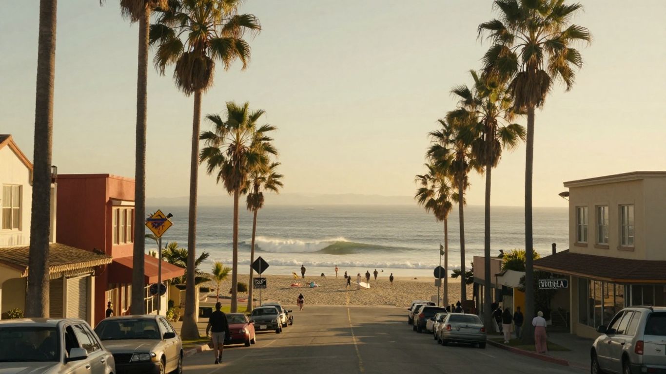 Palm trees and sunset along Los Angeles coast