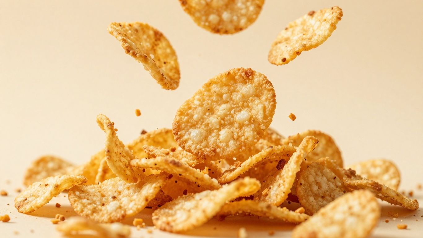 Crispy snack pieces falling, emphasizing texture and satisfaction.