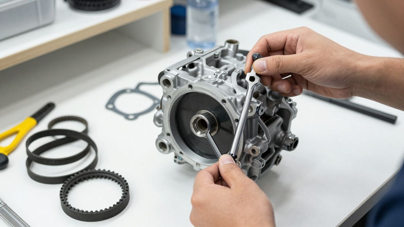 Mechanic replacing automotive water pump